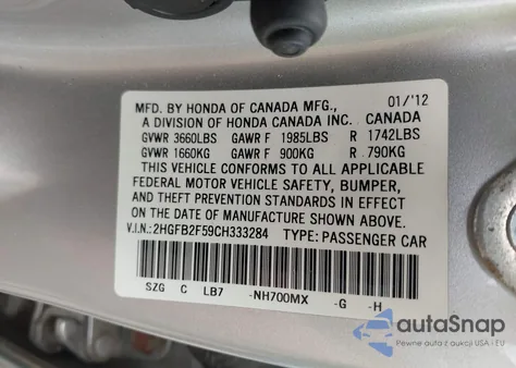 2012 Honda Civic Lx z USA, uszkodzony, nr VIN 2HGFB2F59CH333284
